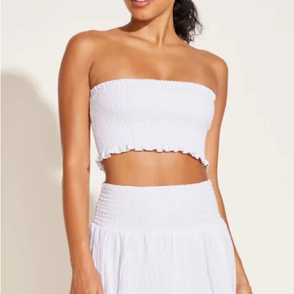 NWT Vitamin A Nya Smocked Strapless Cotton Bandeau Top in White Crinkle Linen - Picture 1 of 16